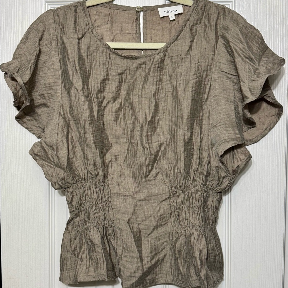 Taupe Short-Sleeve Ruched Waist Top